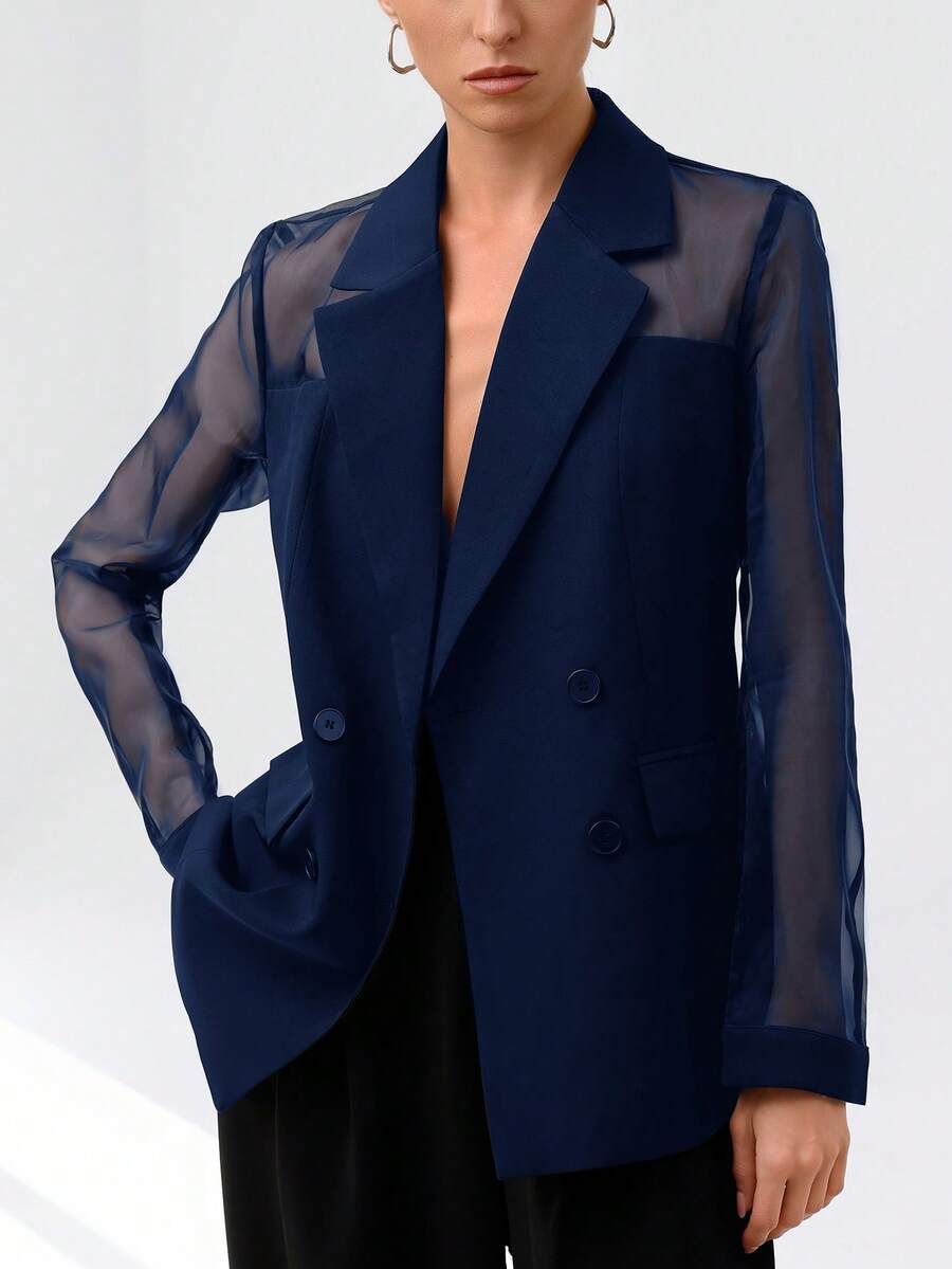 Aveloria Modichic 女士多功能高品质欧根纱拼接西装外套，轻盈透气，双排扣设计 - 藏蓝色 - 查看 1