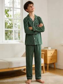 4-Season Boys' Green Striped Minimalist Woven Cardigan Collar Long Sleeve Pajama Set, Loungewear For Big Kids Striped Pajama Set - Green - View 5