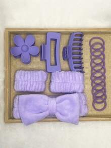 Purple 16 Piece Set Matte Satin Scrunchie Headband Bow Hair Tie Washband Large Claw Clip Elastic Ponytail Holder Soft Hair Accessories Gift For Holiday Party Vacation Travel Workout Gym Essential Spring Summer Collection - Purple - View 1