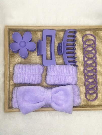Juego de 16 piezas en color morado mate satinado que incluye: scrunchies, diademas, lazos, sujetadores de cabello, pinzas grandes, sujetadores elásticos de cola de caballo y otros accesorios suaves para el cabello. Un regalo ideal para fiestas, vacaciones, viajes, entrenamiento y gimnasio en la colección de primavera y verano.