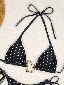Swim Vcay 2026 New Black & White Polka Dot Spaghetti Strap Halter Neck Triangle Bikini Top, Tie Side High Cut Thong Bottoms, Women's Bikini Set Set Pokadot Bikini Sexy Two Piece Two Piece Set Vacation Swimsuits Two Piece Two Piece Beach Set - Black and White - View 4