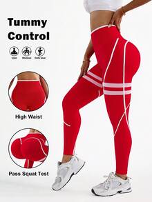 Dewbera Women's Striped High Waist Casual Fitness Leggings - Red - View 2