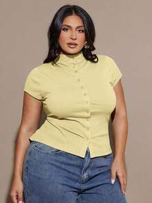 SHEIN BAE Áo thun nữ cỡ lớn, màu trơn, cổ cao, tay ngắn, cài nút phía trước. - Màu vàng - Xem 4