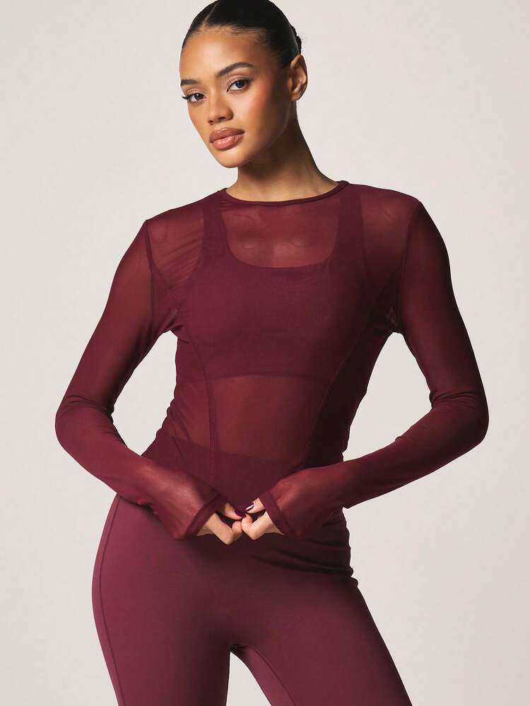 MISSGUIDED Long Sleeve Mesh Crew Neck Top