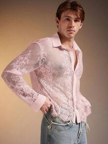 FeverCity Men's Fashionable Sexy Sheer Lace Mesh Shirt - Pink - View 6