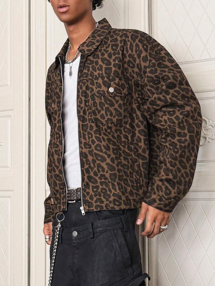 Manfinity EMRG Men's Street Fashion Casual Leopard Camo Denim Jacket - Multicolor - View 1