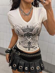 StreetHx بلوزة نسائية قصيرة الأكمام بطبعة ملونة عصرية بطراز بانك - متعدد الألوان - مشاهدة 5