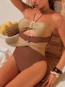 Swim Chiccia 1/2 Cup Strapless Hollow Out Elegant Sexy One-Piece Swimsuit - Brown - View 4