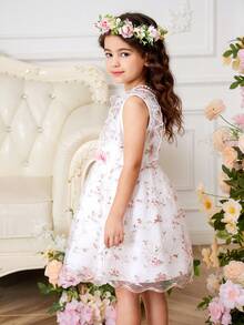 Polyester Sleeveless White Flared Hem Dress For Girls Cute Floral Embroidered Round Neck A Line Short Dress Ruffle Detail - White - View 3