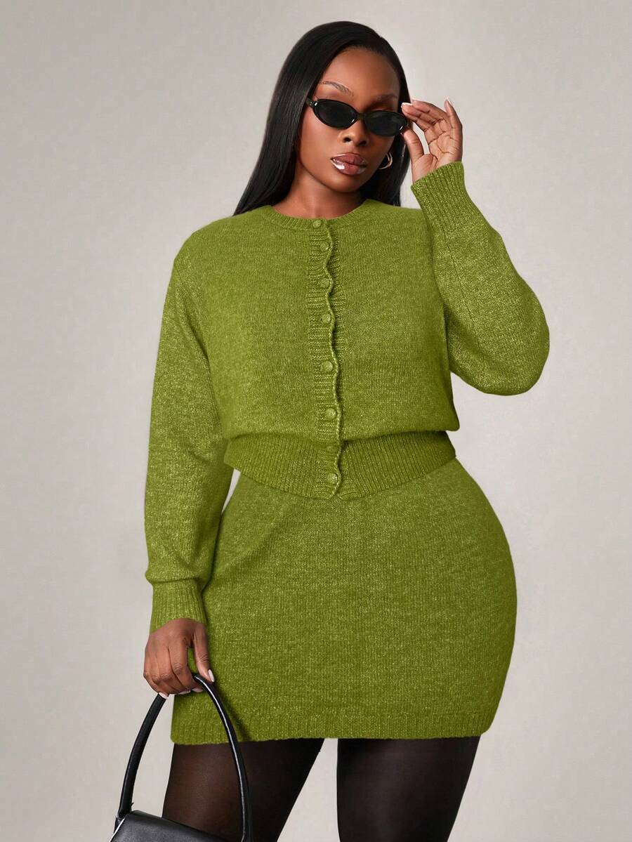 Radiana 大码女装秋冬优雅圆领修身开衫及配套半裙两件套，适合街头风、都市风、性感办公室女郎风、度假装、通勤装、商务装。 - 綠色 - 查看 1