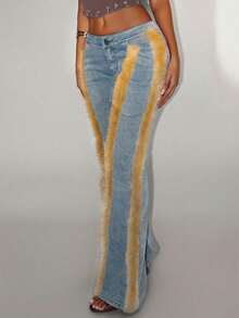 Jeanoix 女士仿毛皮撞色喇叭牛仔裤 - 淺色水洗藍 - 查看 3