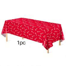 3 Pieces-1Piece Christmas Candy Cane Tablecloth Set, Suitable For Rectangular Tables, Red And Green Disposable Christmas Plastic Tablecloth, Waterproof Candy Cane Christmas Table Decoration, Perfect For Holiday New Year Parties - Red - View 8