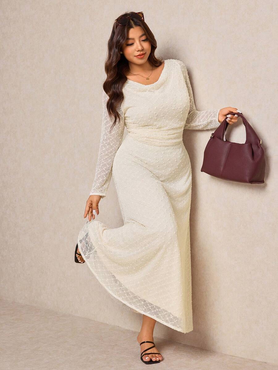 Elaquor Đầm dự tiệc cỡ lớn dành cho nữ, màu trơn, tay dài, xếp ly, phối ren, kiểu dáng thanh lịch, ôm eo. - Màu be - Xem 1