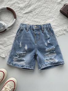 SHEIN Young BoyLoose Fit Blue Denim Ripped Shorts - Light Wash - View 1