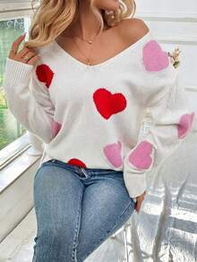 SHEIN LUNE Áo len cổ chữ V họa tiết trái tim mới cho nữ, mẫu mùa xuân 2025, áo len trái tim cho ngày Valentine, áo len trái tim mùa thu/đông dành cho nữ, áo len Valentine cho nữ, áo len chui đầu cho nữ, áo len in hình trái tim, áo len dệt kim, áo len nữ. - trắng - Xem 1