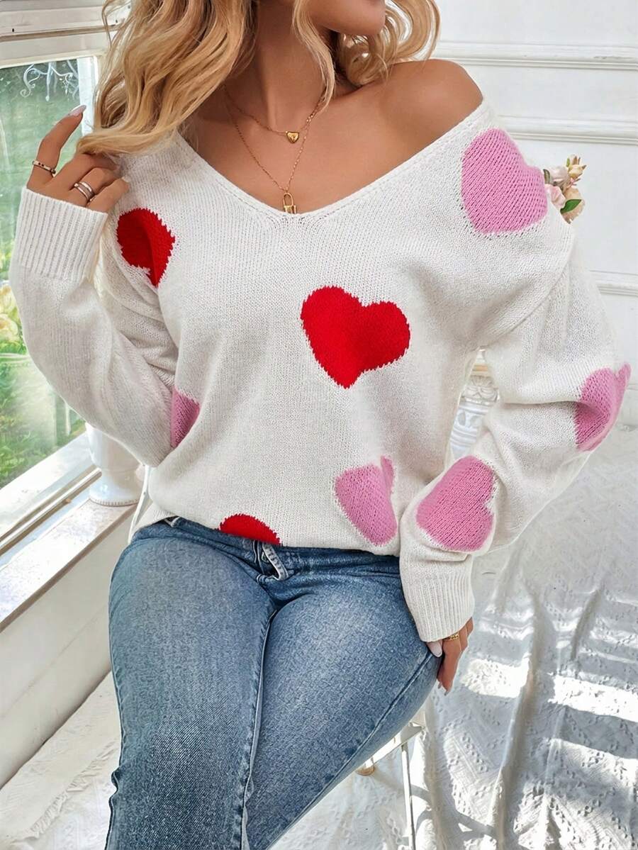 SHEIN LUNE Áo len cổ chữ V họa tiết trái tim mới cho nữ, mẫu mùa xuân 2025, áo len trái tim cho ngày Valentine, áo len trái tim mùa thu/đông dành cho nữ, áo len Valentine cho nữ, áo len chui đầu cho nữ, áo len in hình trái tim, áo len dệt kim, áo len nữ. - trắng - Xem 1
