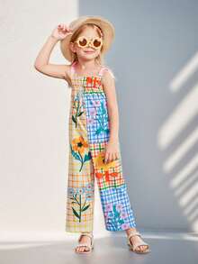 SHEIN Young Girl Floral & Plaid Print Tie Shoulder Cami Jumpsuit - Multicolor - View 3