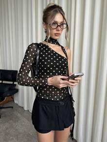 SHEIN BAE Women's Contrast Polka Dot Print One-Shoulder Top - Black - View 5