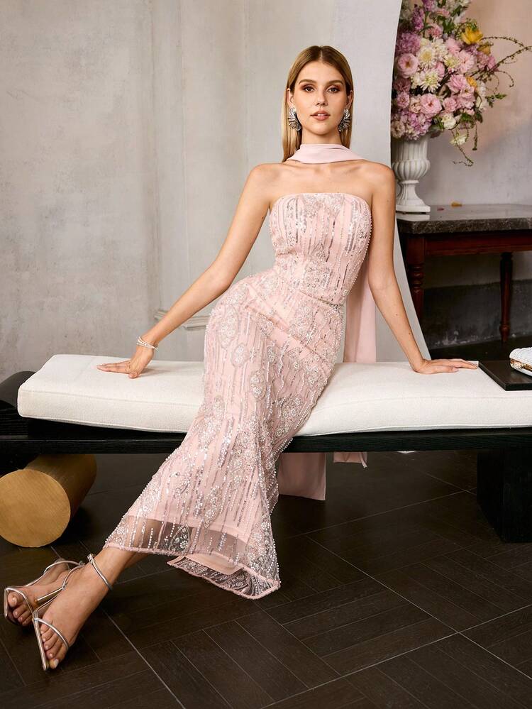 MOTF Soiréza ELEGANT BEADED STRAPLESS SATIN GOWN WITH FLOWING RIBBONS, SUITABLE FOR WEDDINGS, BANQUETS, AND FORMAL EVENTS