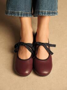 Rosivie Women's Retro Elegant Elegant Contrast Color Bow Decor Round Toe Flat Shoes Valentine's Day - Burgundy - View 4