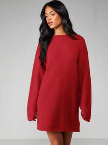 MISSGUIDED Slash Neck Long Sleeve Knit Mini Sweater Dress For Fall Winter Casual Day Wear - Burgundy - View 6