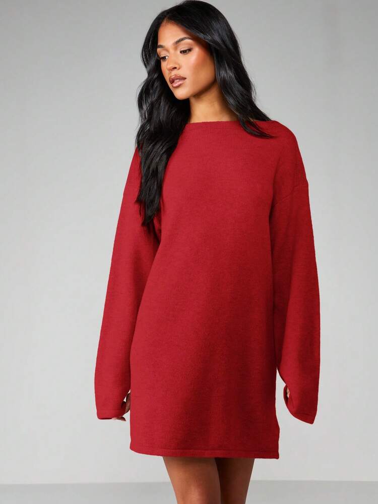 MISSGUIDED Slash Neck Long Sleeve Knit Mini Sweater Dress For Fall Winter Casual Day Wear