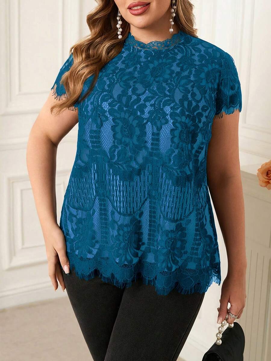 SHEIN Clasi 大码优雅蕾丝拼接雪纺衬衫 - 水鴨藍 - 查看 1