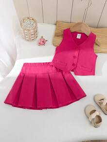 SHEIN Babygirl Cute School Style Pink Camisole & Pleated Skirt Set - Hot Pink - View 7