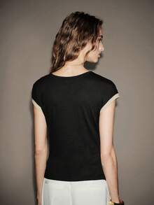 SHEIN Unity Women's Black Short Sleeve T-Shirt,Round Neck Fitted Minimalist Basic Top,Black And Beige,Summer,Elegant,Office Work Tops,Contrast Cuff Faux Pocket - Black - View 2