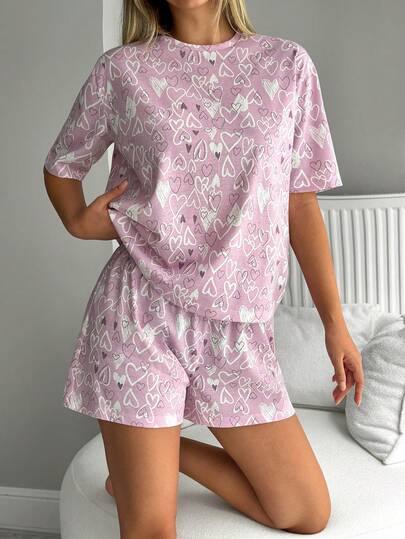 EURMUSE COTTON Women 2 Pcs Heart Pattern Comfort Round Neck Short Sleeved Shirt&Shorts Homewear Relax Comfy Pajama Set Shorts Lounge Set Summer Pj Set Short Pj Set Lounge Wear Sets Summer Pajama Short Set