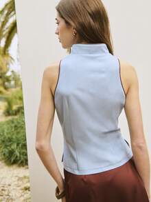 2026 Top sin mangas con cuello mao y ribete en contraste alrededor del cuello y las sisas.Para looks festivos, de resort, primavera y verano.Vacaciones de lujo, salidas, bodas, fiestas, festivales, vacaciones de verano. - Rosa vieja - Ver 7