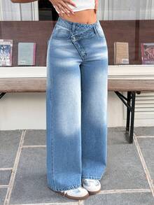 Rivivi Women's Casual Fashion Street Chic Daily Commute Overlap Waist Washed Loose Wide Leg Jeans - Light Wash - View 1