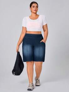 Flexra Pantalones cortos de mezclilla casuales de unicolor talla grande - Azul lavado medio - Ver 5