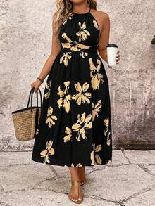 Breezaya Plus-Size Women's Fashionable Elegant Black Monochrome Floral Print Dress,Boho Summer Vacation Holiday Off-The-Shoulder Backless Twisted-Waist Dress - Multicolor - View 5