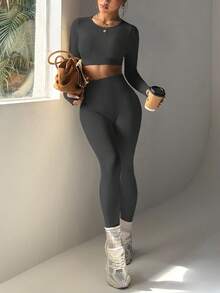 Dewbera Conjunto deportivo de mujer con costillas sin costuras y elástico - Gris Oscuro - Ver 3