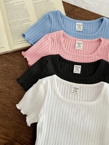 SHEIN LMoss Kids 4pcs Set Casual Solid Color Knit Ruffle Hem Short Sleeve Top - Multicolor - View 3