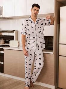 CoupledUp Classic Bow Print Lapel Men's Pajama Set - White - View 2