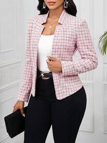 SHEIN Lady Áo blazer nữ dài tay kẻ caro, kiểu dáng thanh lịch, không cài cúc phía trước. - Hồng - Xem 1