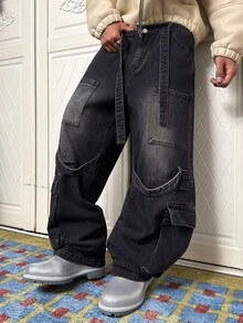 STEELVANCE 男士街头时尚休闲多口袋腰带弯腿黑色牛仔裤 - 黑色 - 查看 4