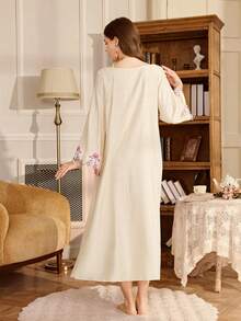 PalaceNights Embroidered Floral Trim V-Neck Loose Fit Long Sleeve Women Nightgown - Apricot - View 2