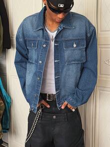 Manfinity EMRG Men's Casual Streetwear Multi-Pocket Striped Blue Denim Jacket Men Shacket - Dark Wash - View 8