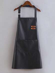 防水防污PU围裙，耐用厨房工作服，仿皮围裙，适用于水务工人、理发师和餐饮从业人员，现代简约腰部设计 - 黑色 - 查看 15