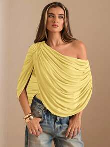 SHEIN BAE 秋冬季纯色棕色/咖啡色露肩褶皱连体衣，修身优雅连体衣，垂褶上衣 - 黃色 - 查看 4