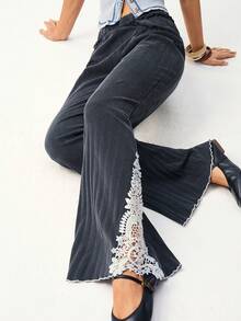 Bohemela 波西米亚风优雅度假休闲纯色针织撞色蕾丝喇叭裤（女款） - 黑色 - 查看 1