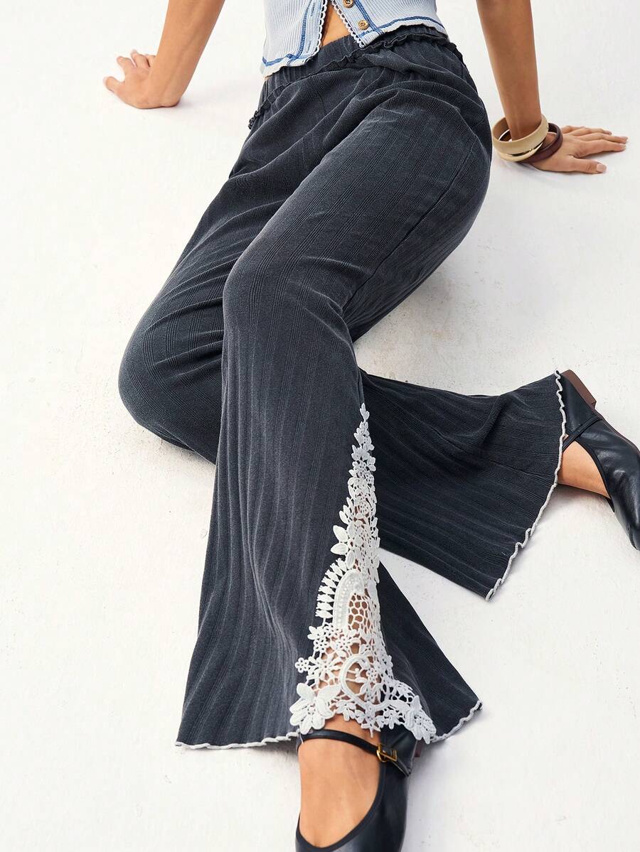 Bohemela 波西米亚风优雅度假休闲纯色针织撞色蕾丝喇叭裤（女款） - 黑色 - 查看 1