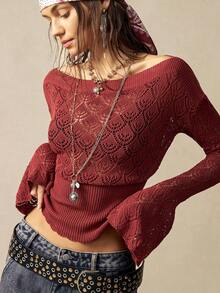 Bohemela Áo len dài tay hở vai màu trơn dành cho nữ. - Gỗ đỏ - Xem 4