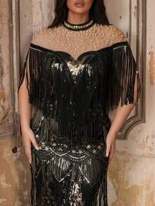 Glamrae Vestido de noche de fiesta de talla grande para mujer con cuello Mao, diseño con perlas falsas, lentejuelas y flecos