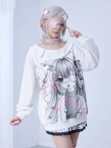 ROMWE Kawaii Cute Cartoon Anime Girl Peter Pan Collar Oblique Shoulder Women Sweatshirt - White - View 6