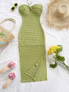 Soleia 女士纯色扭结设计连衣裙，时尚无肩带度假连衣裙 - 綠色 - 查看 4