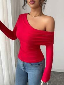 SHEIN Raffinéa Women's Casual Burgundy One Shoulder Ruched Long Sleeve Polyester Regular T-Shirt - Burgundy - View 5
